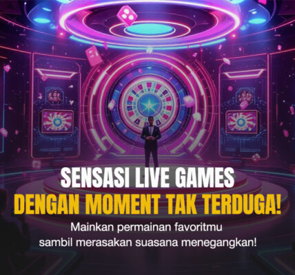 Tampilan futuristik ruang live casino digital dengan dealer, roda roulette besar, pencahayaan neon, dan layar interaktif modern.