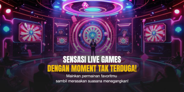 Tampilan futuristik ruang live casino digital dengan dealer, roda roulette besar, pencahayaan neon, dan layar interaktif modern.